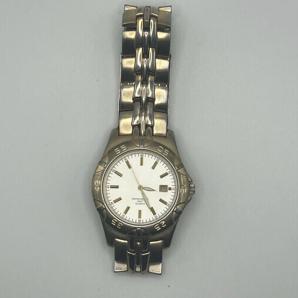 Water Resistant Mens Watch Two Tone Metal Link Bracelet Watch Working